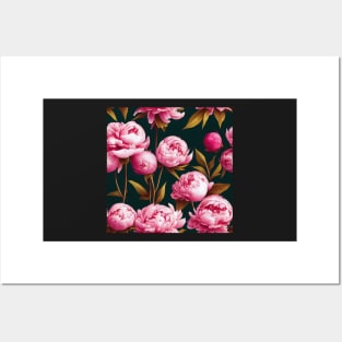 Pretty Pink Peony Flower Pattern on Black Background Posters and Art